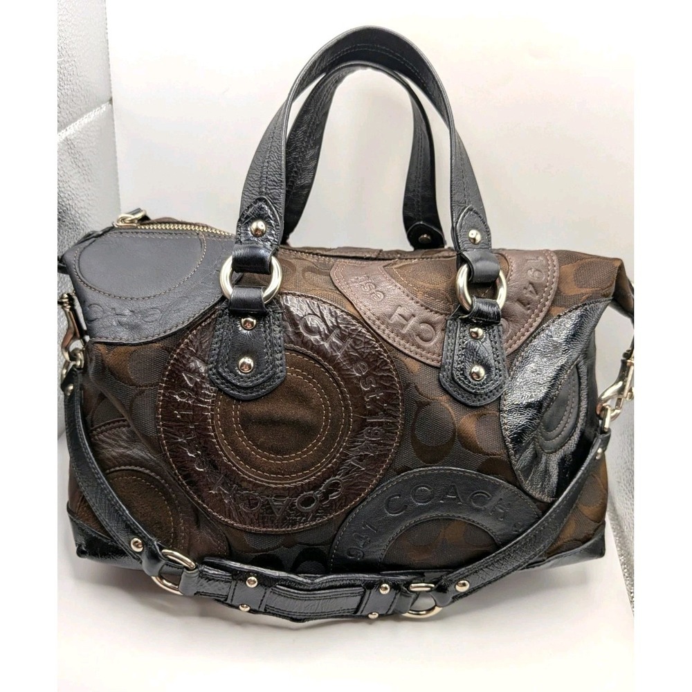 Coach Ashley Satchel Bag Chocolate Brown Patchwork Snaphead Shoulder Bag F15474